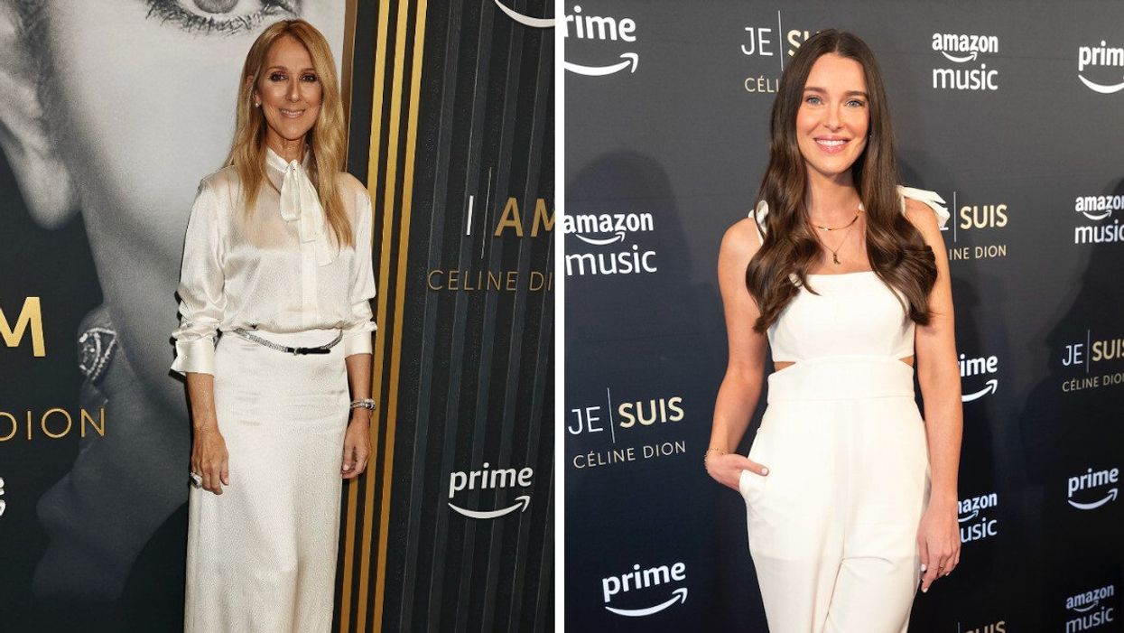 Céline Dion vêtue de blanc au lancement de JE SUIS : CÉLINE DION. Droite : Trudy Simoneau vêtue de blanc au lancement de JE SUIS : CÉLINE DION.