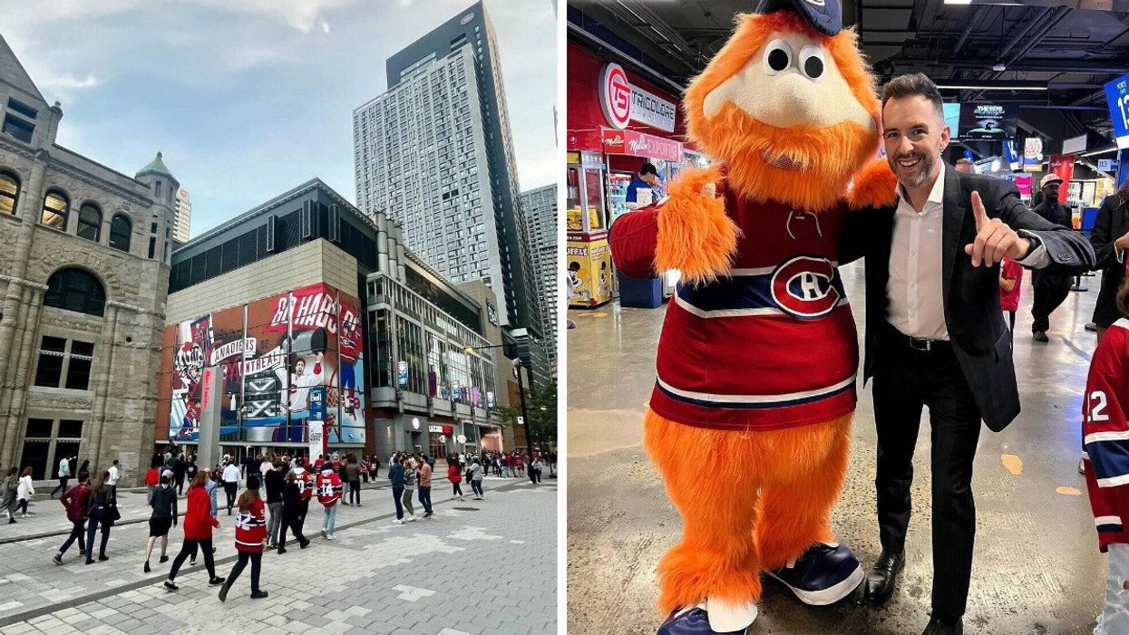 Centre Bell de l'extérieur. Droite : Fan avec Youppi! la mascotte.