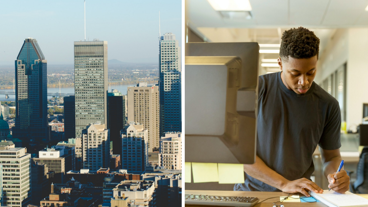 Centre-ville de Montréal. Droite : Un employé entrain de travailler.