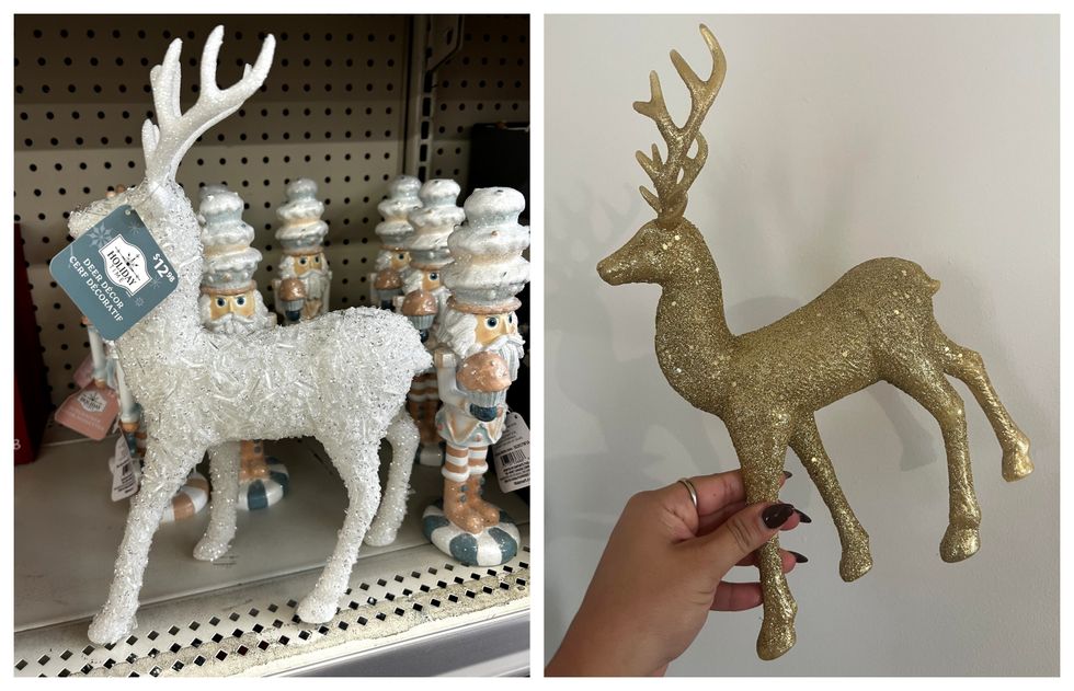 Cerf d\u00e9coratif blanc avec des paillettes. Droite : Cerf d\u00e9coratif scintillant et dor\u00e9.