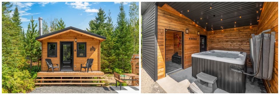 Chalet \u00e0 louer en Mauricie. Droite : Le spa du chalet \u00e0 louer.