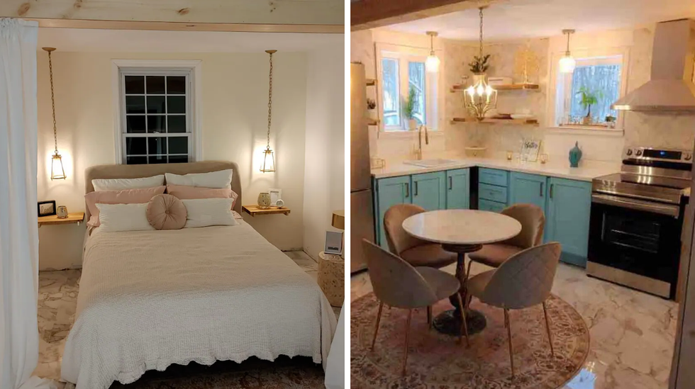 Chambre. Droite : Cuisine.