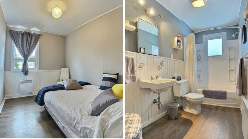 Chambre. Droite: Salle de bain.