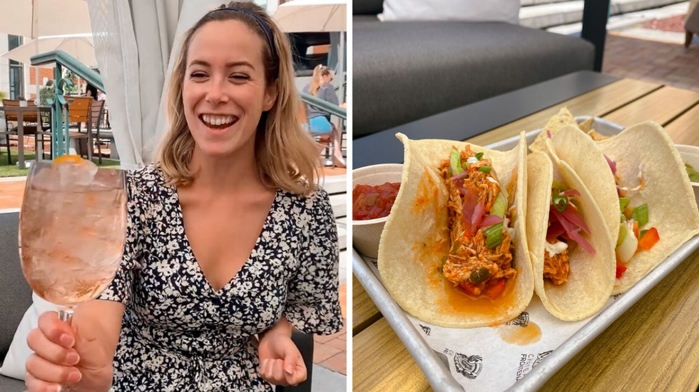 Champagne Chandon spritz. Droite : Trio de tacos chipotle.