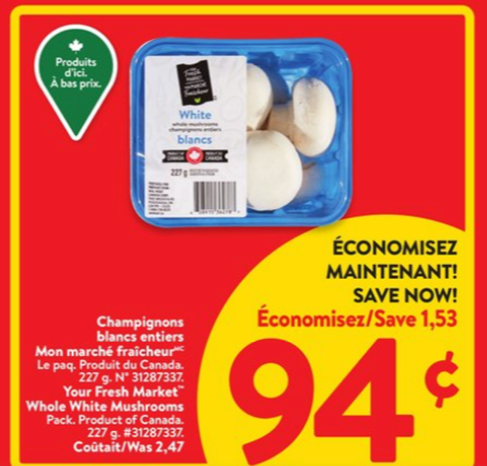 Champignons blancs entiers dans la circulaire du Walmart.