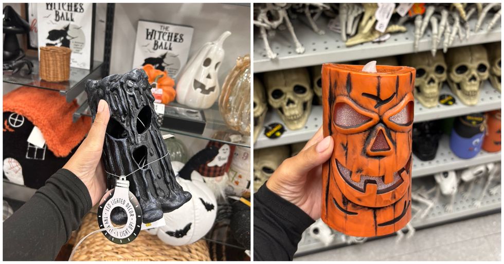 Chandelle th\u00e9matique \u00e0 batterie noire. Droite : Chandelle th\u00e9matique \u00e0 batterie imitant une citrouille.