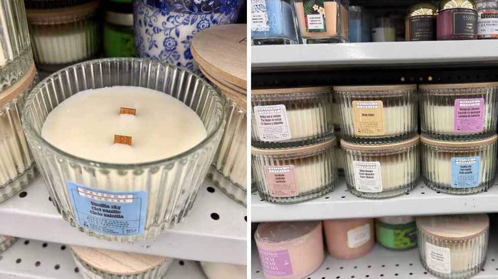 Chandelle Watson\u2019s Vanilla Sky dans un pot de verre textur\u00e9 avec deux m\u00e8ches en bois. Droite : les chandelles sur les tablettes du Dollarama.