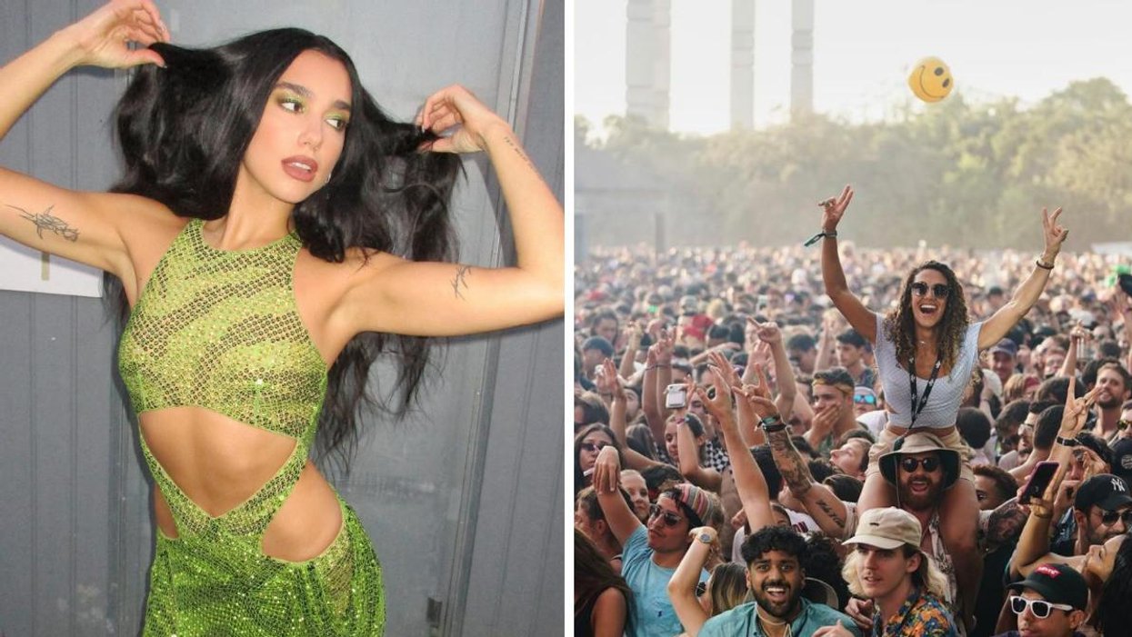 Chanteuse Dua Lipa. Droite : Foule au festival Osheaga.