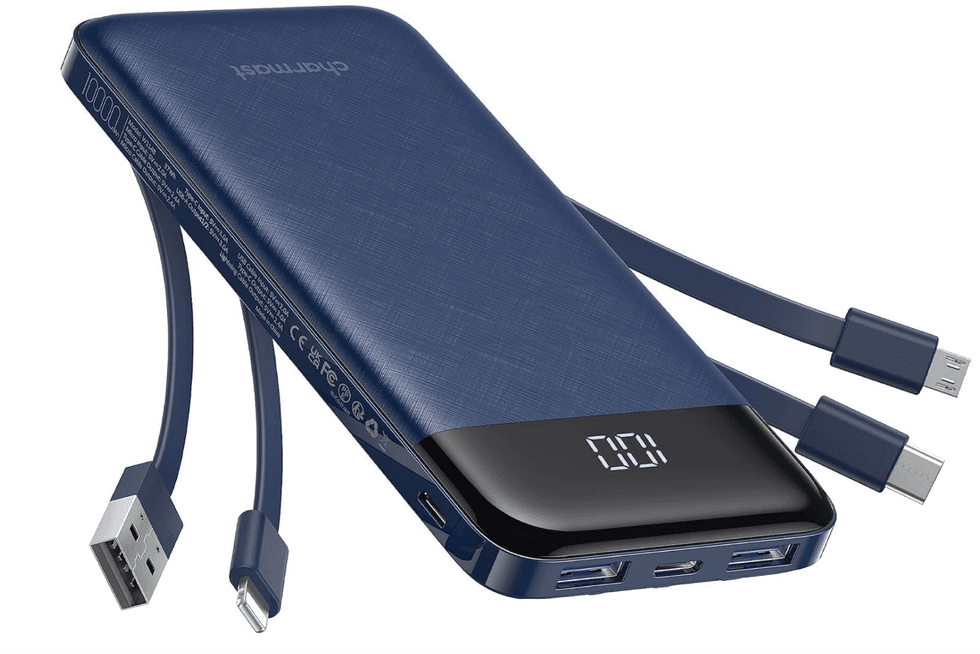 Chargeur portable Charmast 10 000 mAh avec c\u00e2bles int\u00e9gr\u00e9s \u2013 Bleu marine.