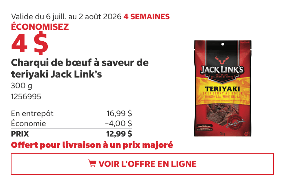 Charqui de b\u0153uf teriyaki Jack Link's en rabais au Costco.