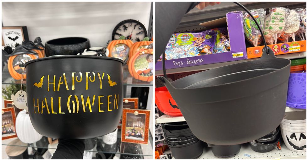 Chaudron de sorci\u00e8re noir avec l'inscription \u00ab Happy Halloween \u00bb. Droite : Chaudron de sorci\u00e8re noir.