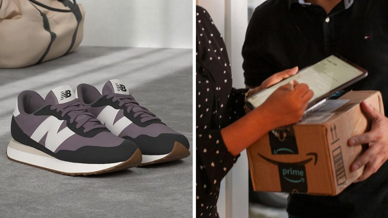 Chaussure de sport de marque New Balance. Droite : Une personne qui reçoit un colis Amazon et signe l'accusé de réception au livreur.