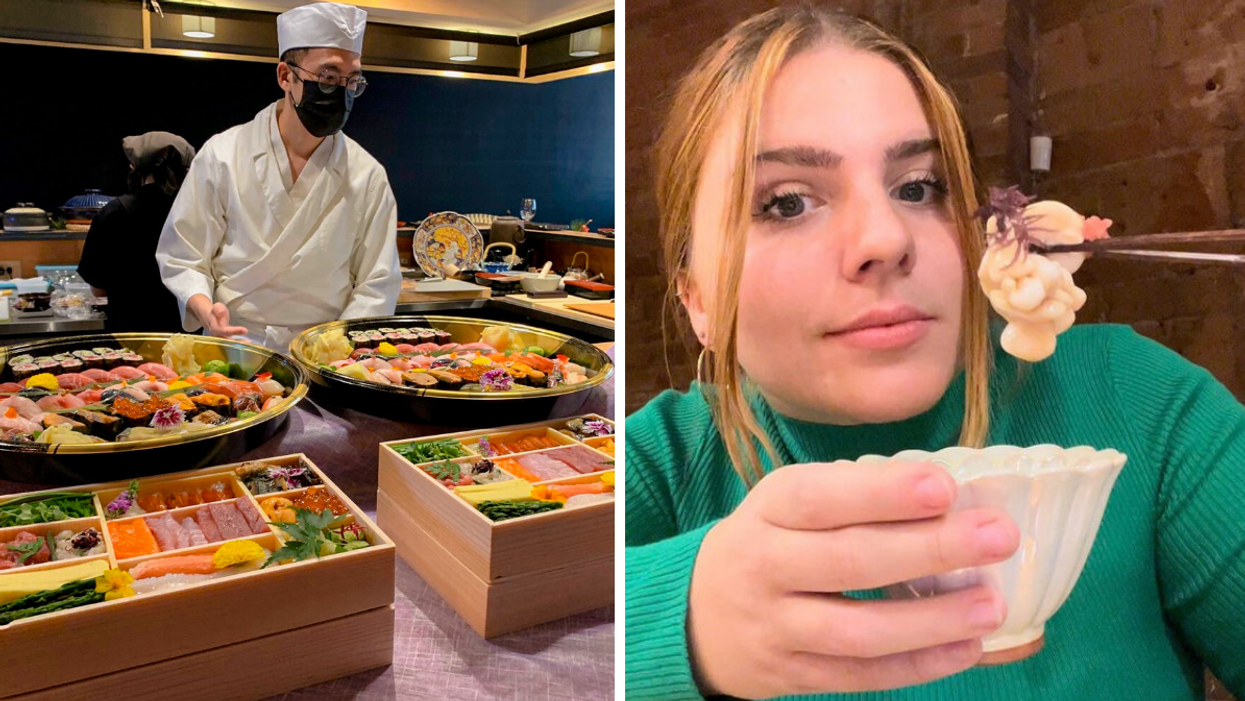 Chef japonais. Droite: Emilie Rossignol à l'expérience Omakase.