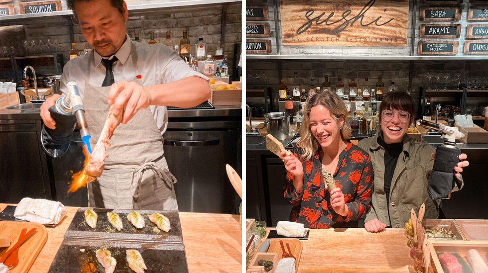 Chef Quan et les sushis huil\u00e9s au gras d'os \u00e0 moelle. Droite : Fran\u00e7oise et Laurie dans la cuisine du Sushi by Scratch.