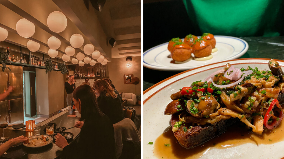 Chez Josie. Droite : Toast aux champignons et arancini.
