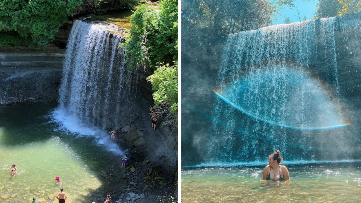 Chute Bridal Veil. Droite : Femme se baignant dans la chute Bridal Veil. 
