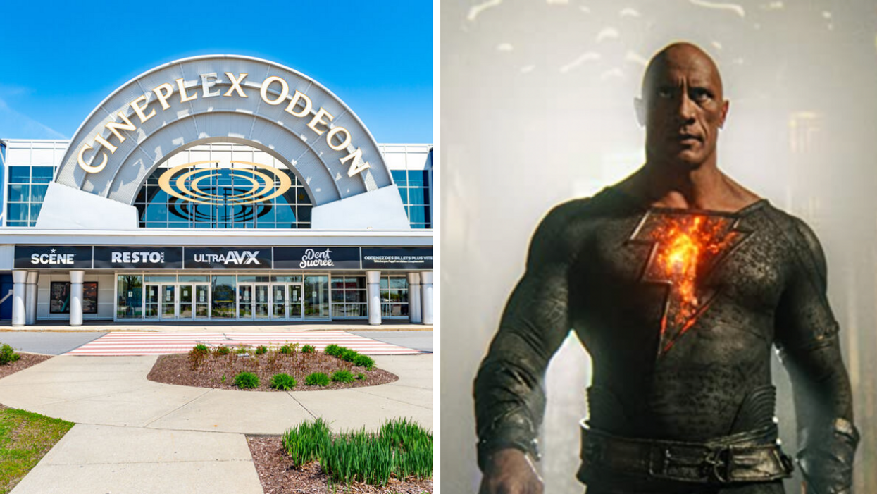 Cinéma Cineplex Odeon. Droite : Dwayne Johnson dans Black Adam.