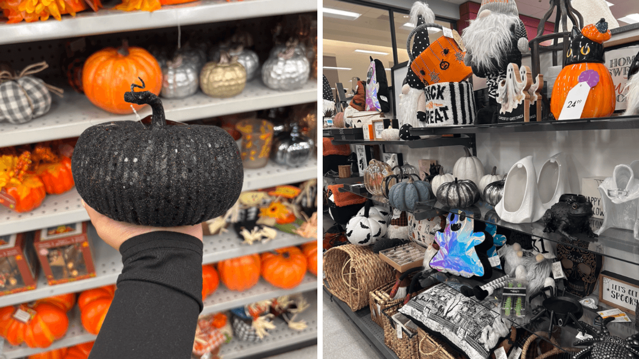 Citrouille décorative pailletée au Dollarama. Droite : Un rayon des décorations d'Halloween au HomeSense.