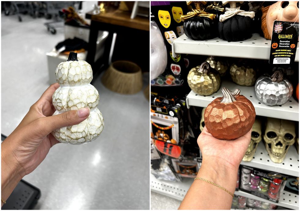 Citrouilles d\u00e9coratives du HomeSense. Droite : Citrouilles d\u00e9coratives du Dollarama.
