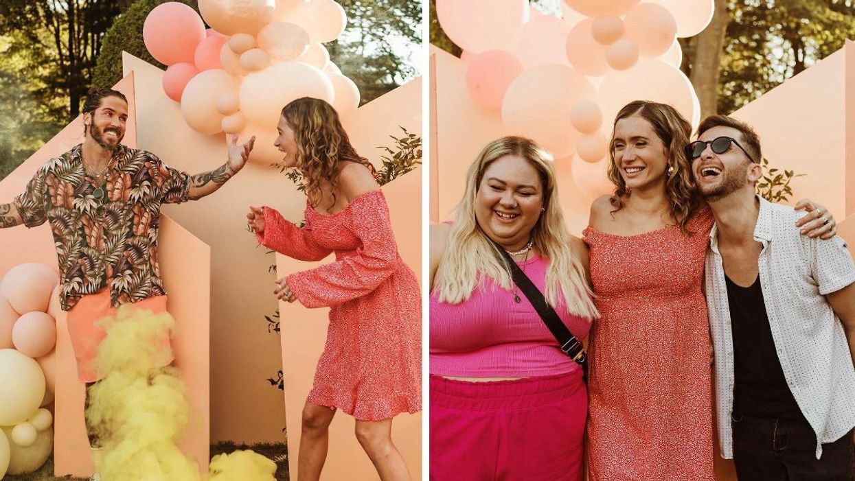 Claude Bégin et Lysandre Nadeau au « sex reveal ». Droite : Lysandre Nadeau avec la marraine et le parrain du bébé.