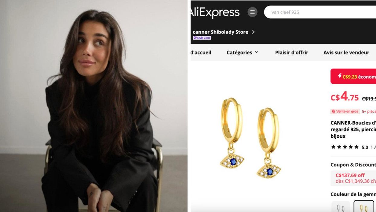 Claudia Dimopoulos pose pour sa boutique de bijoux OPA. Droite : Capture d'écran d'une paire de boucles d'oreilles dorées vendues sur AliExpress.