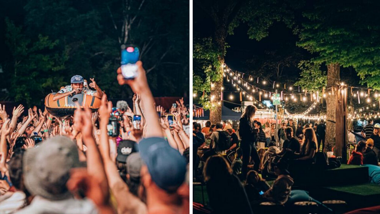 Clay and Friends. Droite : Lumières dans un parc sur le site du festival.