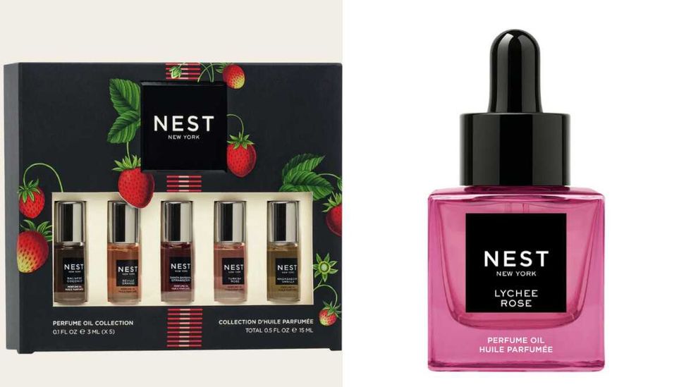 Coffret d\u00e9couverte des huiles de parfum. Droite : Huile de parfum Lychee Rose.