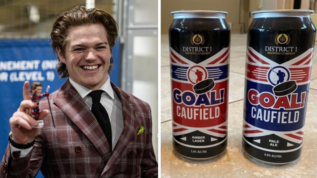 Cole Caufield. Droite : Bières Goal Caufield.