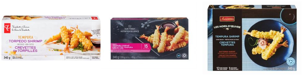 Collage des boites de crevettes tempura des marques le Choix du Pr\u00e9sident, Notre Excellence et Irresistibles.