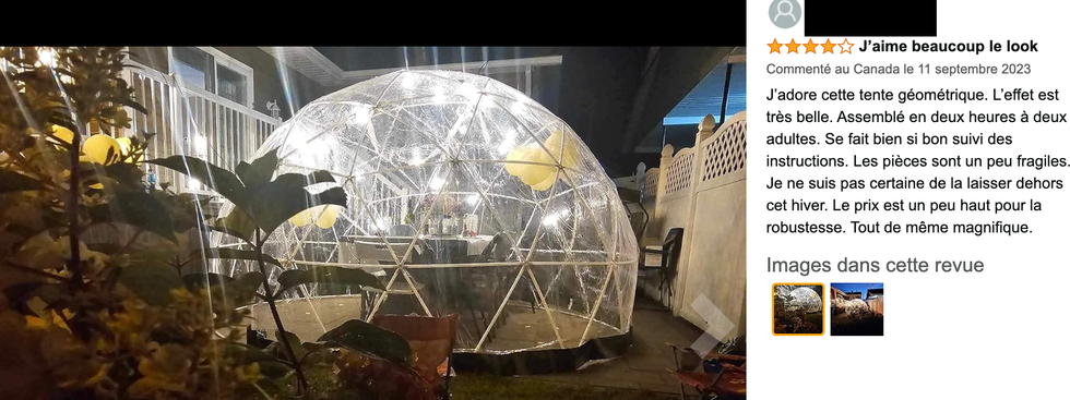 Commentaire et photo d'une personne ayant achet\u00e9 un d\u00f4me sur Amazon.