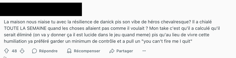 Commentaire Reddit : les fans pensent que Danick a laiss\u00e9 sa place comme il allait \u00eatre \u00e9limin\u00e9.