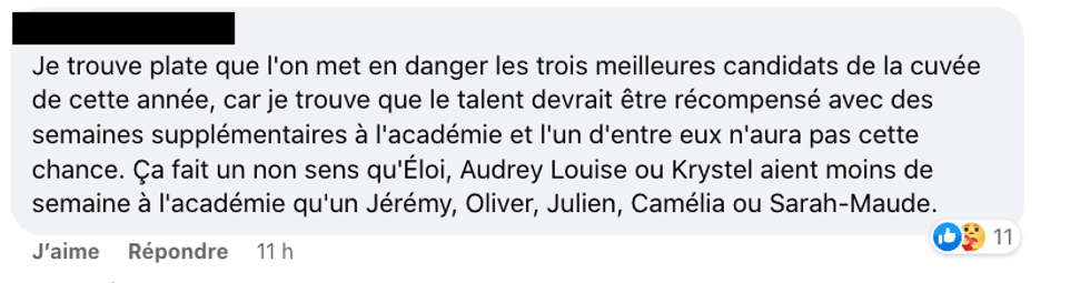 Commentaire sur le Facebook de Star Acad\u00e9mie TVA.