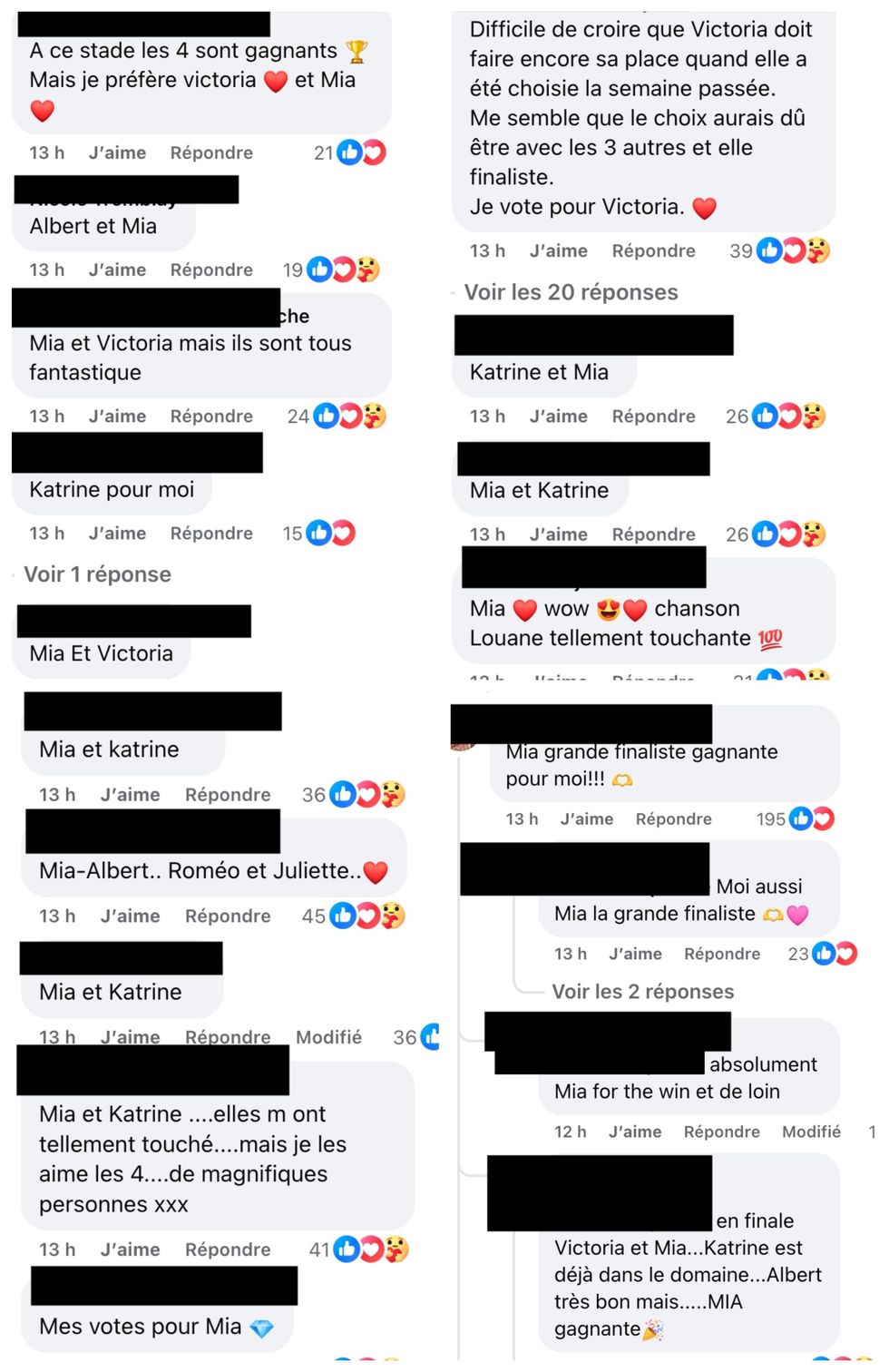 Commentaires au sujet de Mia, Katrine, Victoria et Albert sous une publication de Star Acad\u00e9mie.