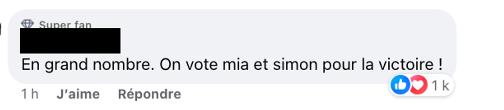 Commentaires de fans d'Occupation Double qui encouragent \u00e0 voter pour Mia et Simon.