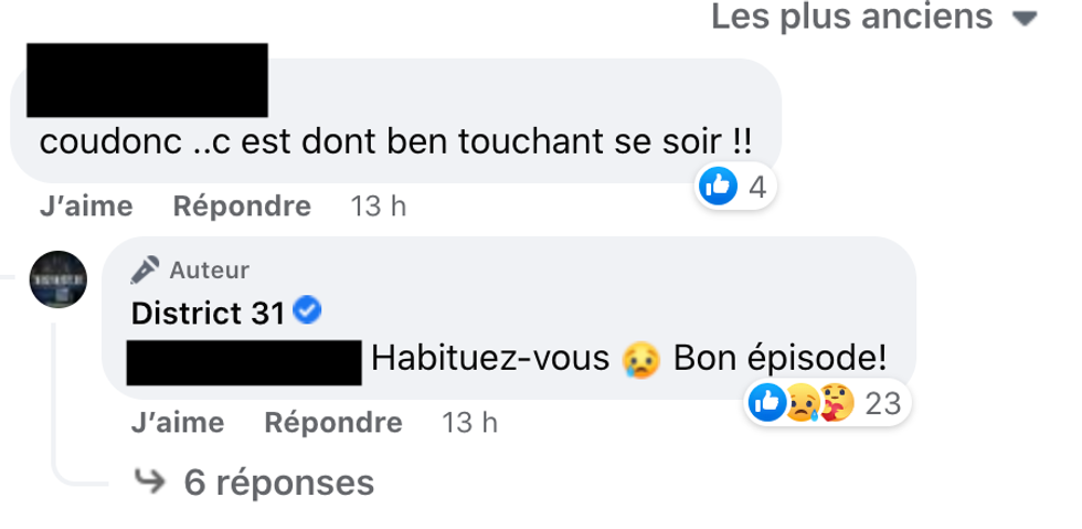 Commentaires de la page Facebook de District 31.