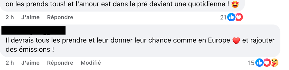 Commentaires sous la vid\u00e9o pr\u00e9sentant les candidats potentiels de L'amour est dans le pr\u00e9.
