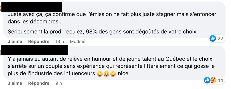Commentaires sur Facebook.