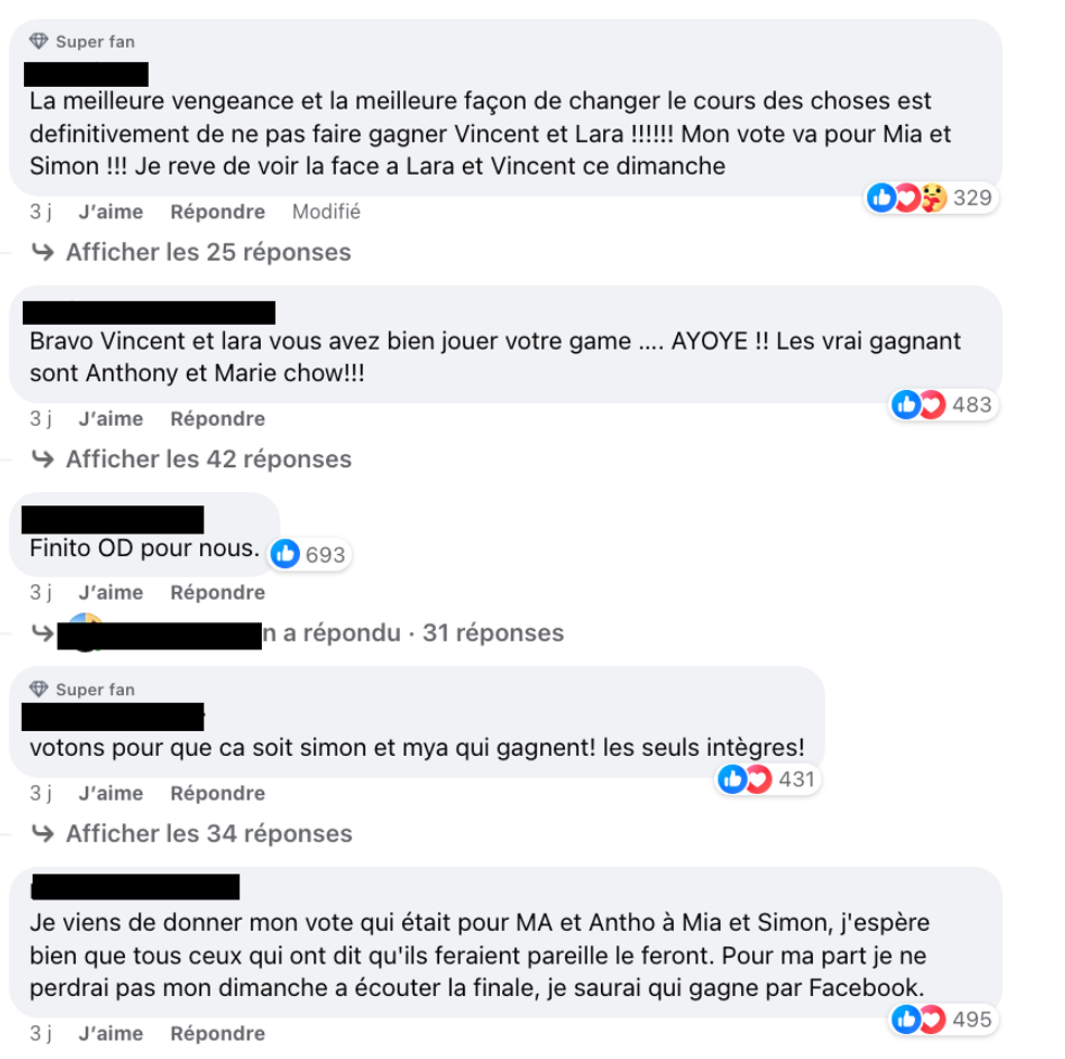 Commentaires sur la page Facebook d'Occupation Double de personnes voulant voter pour Mia et Simon.