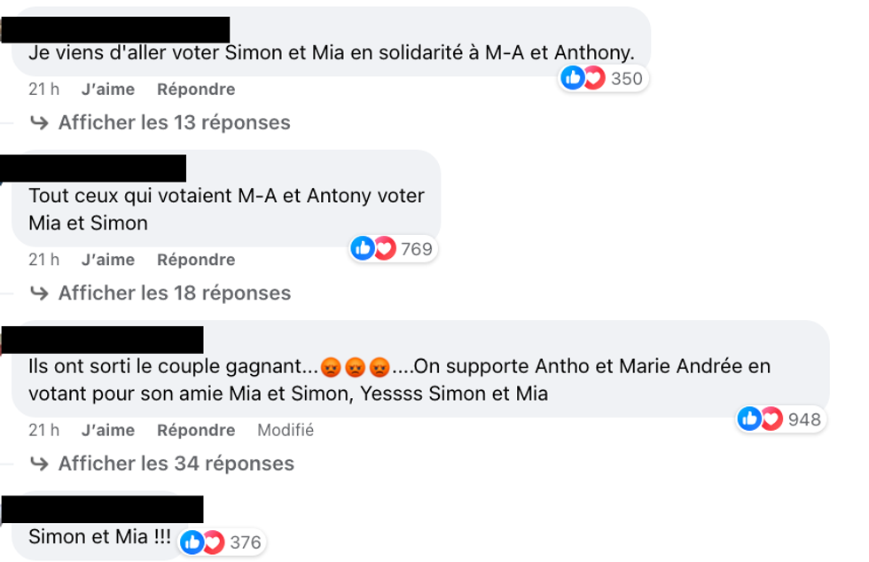Commentaires sur la page Facebook d'Occupation Double qui disent d'aller voter pour Mia et Simon.