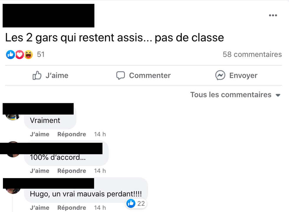 Commentaires \u00e0 l'\u00e9gard d'Hugo sur Facebook.