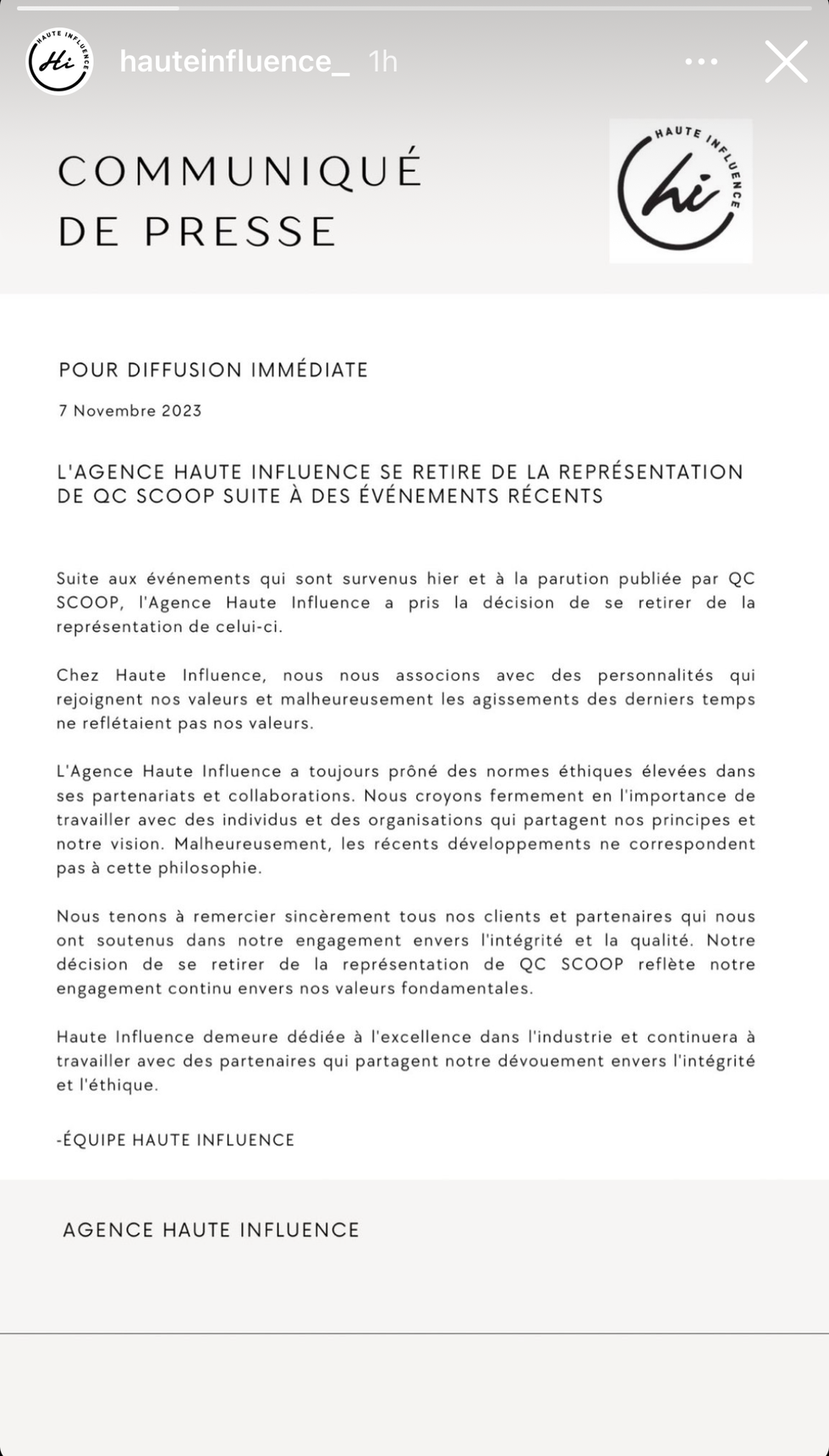 Communiqu\u00e9 de presse par Haute Influence.