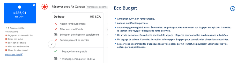Comparaison de French Bee, Air Canada et Air Transat.
