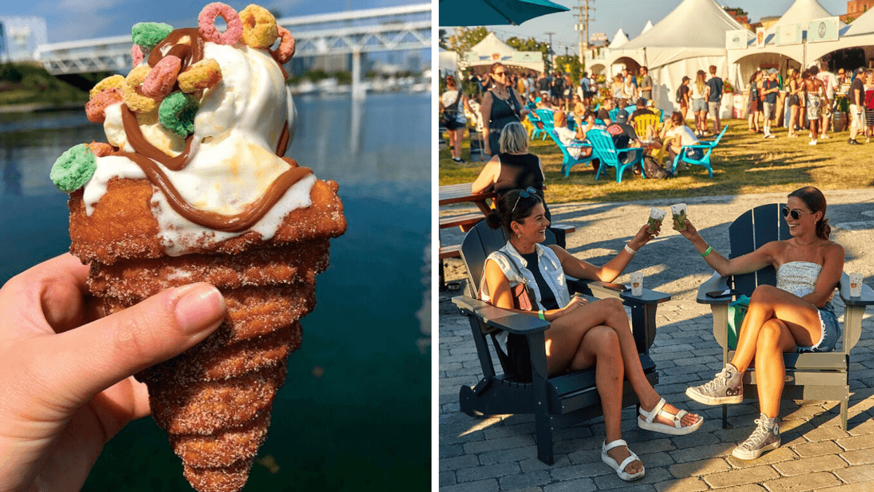 Cône en churros. Droite : Deux femmes au festival Soif de cidre.
