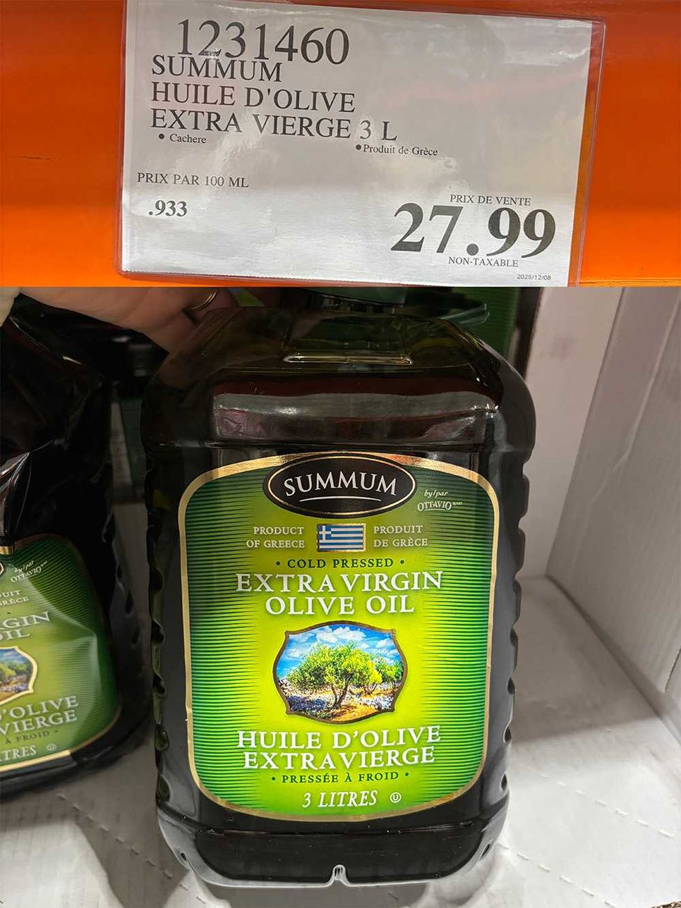 Contenant d'huile d'olive extra vierge en vente chez Costco.