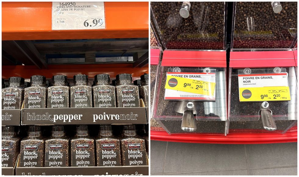 Contenants de poivre noir en grain Kirkland \u00e0 vendre au Costco. Droite : Poivre noir en grain en vrac \u00e0 vendre au Bulk Barn.