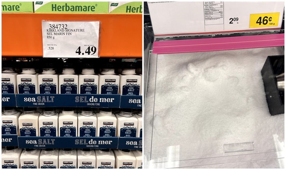 Contenants de sel marin fin Kirkland \u00e0 vendre au Costco. Droite : Sel marin fin en vrac \u00e0 vendre au Bulk Barn.