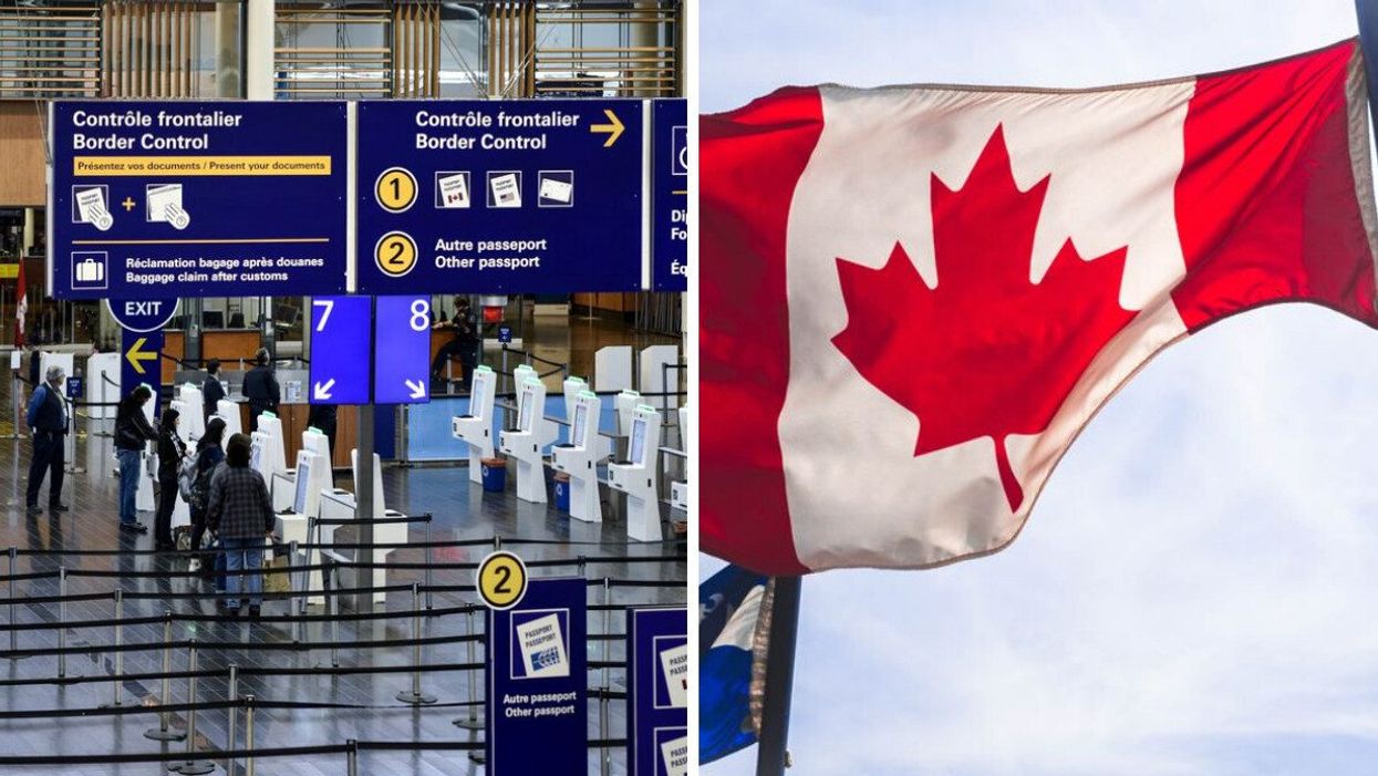 Contrôle frontalier YUL. Droite : Drapeau canadien.