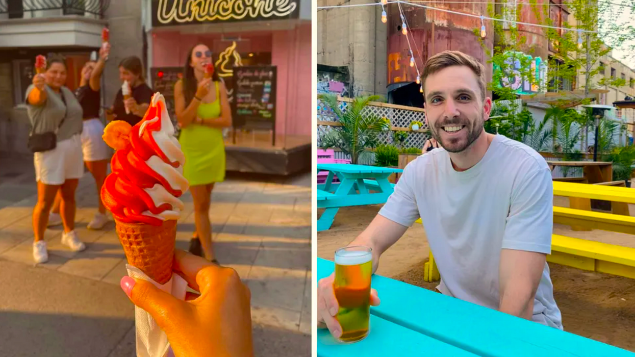 Cornet de crème glacée du Unicone. Droite : Jeune homme sur la terrasse du Riverside à Montréal.