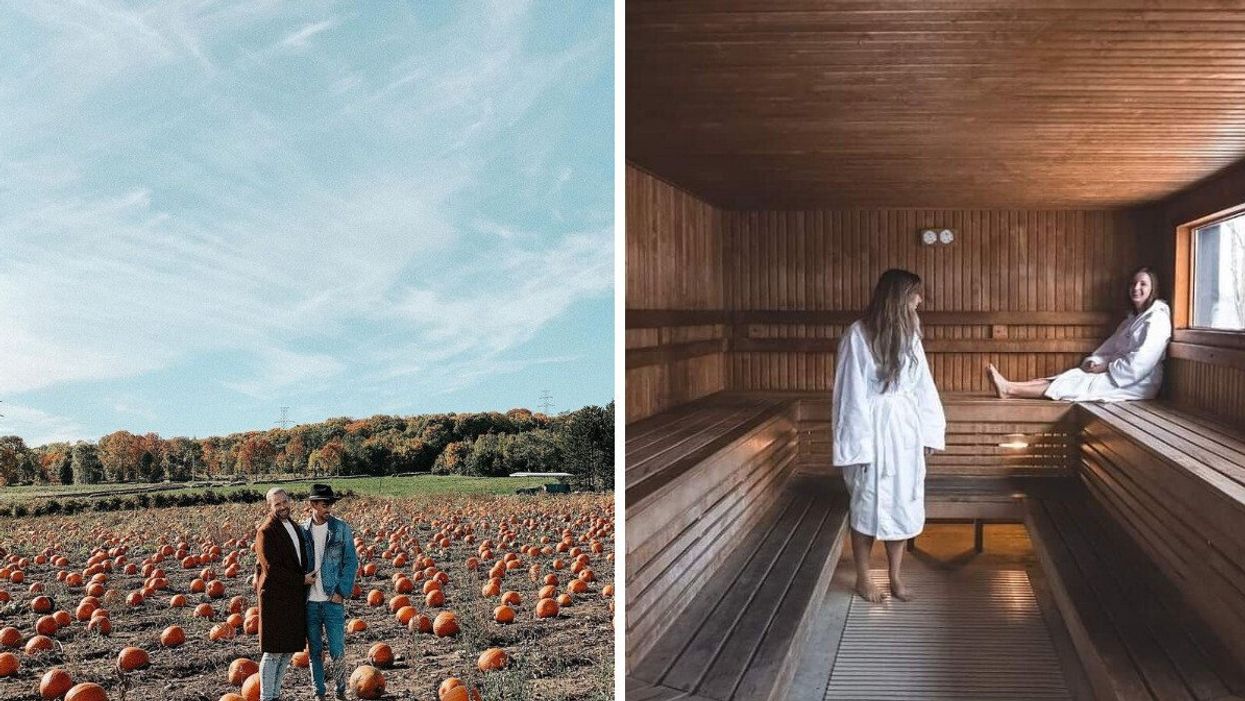 Couple à la Ferme Bédard & Blouin à Beauport. Droite: Deux personnes dans un sauna.