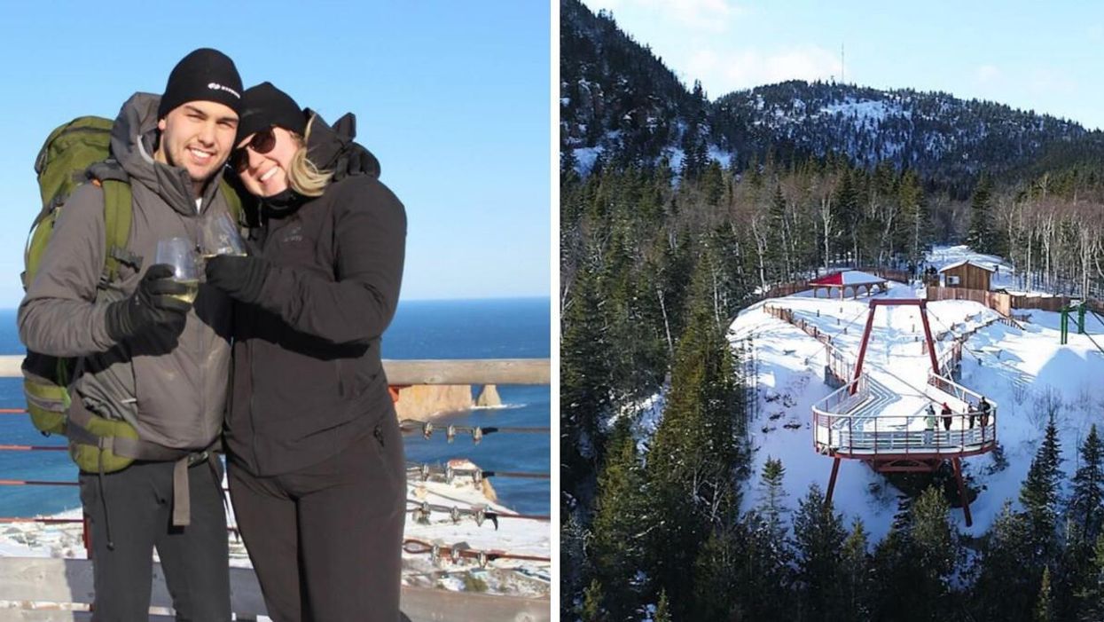 Couple devant le rocher Percé. Droite : Géoparc mondial UNESCO de Percé.